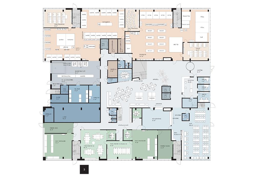 Lindholmens tekniska gymnasium i Göteborg. Plan 1. KUB arkitekter.